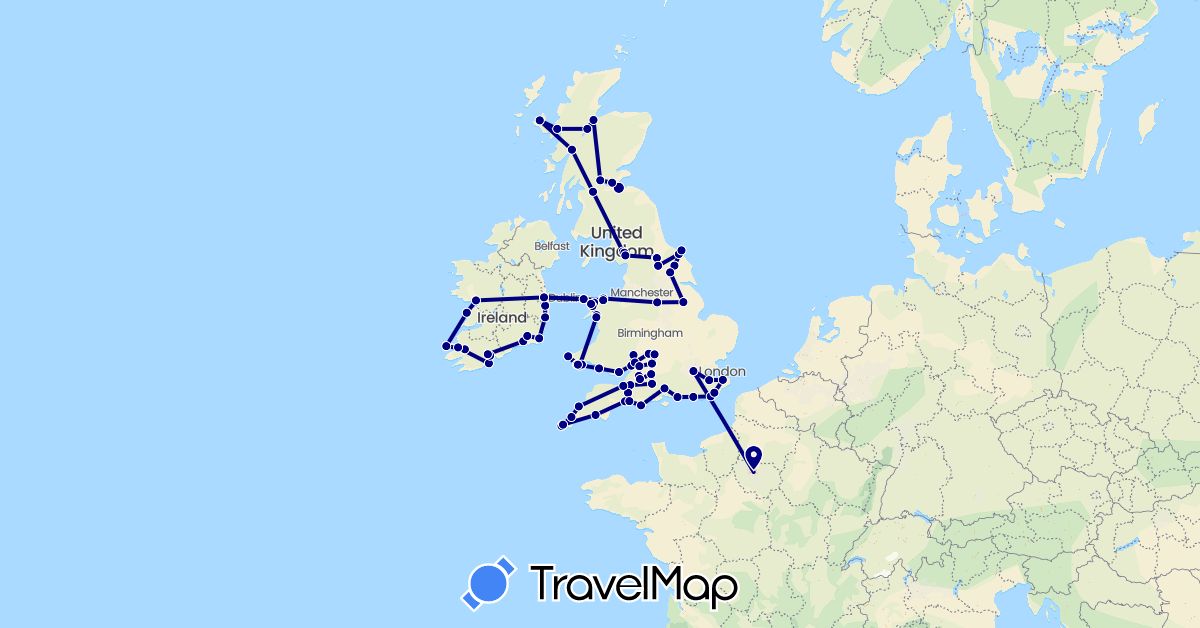 TravelMap itinerary: driving in France, United Kingdom, Ireland (Europe)